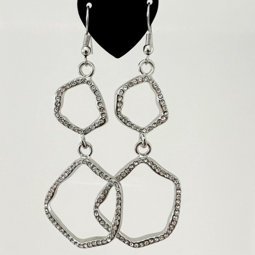 💜3/$20 Silver Earrings-Dangling flat circles with sparkly clear stones